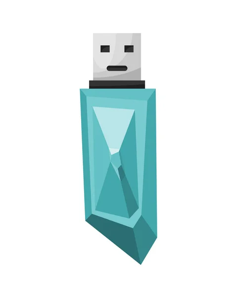 USB 플래시 드라이브 아이콘. 카툰은 수정의 상징입니다. 흰색 바탕에 편평 한 형태로 분리 된 유색인 기억 장치 — 스톡 벡터
