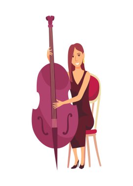 Bir kadın rahat bir şekilde bir sandalyeye oturmuş, ustalıkla bir çift bas çalıyor, büyük bir telli enstrüman, derin, yankılanan sesiyle tanınıyor.