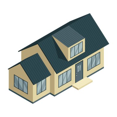 Isome Cottage ikonu. Banliyö evi kompozisyon vektör çizimi. Banliyö binasını temsil eden bilgi elemanı. Özel gayrimenkul şirketleri.