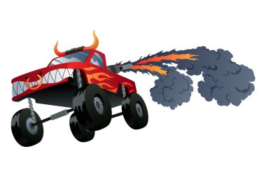Jumping monster truck show. Bright colorful cartoon auto with big wheels. Car with large tires for rally 4x4 computer or mobile game. Vector cartoon illustration.