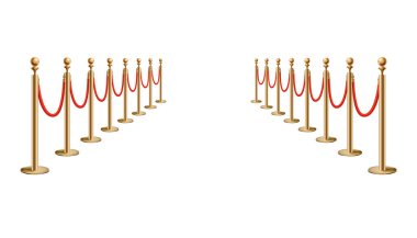 Kırmızı ipli bariyerler. VIP bölgesi, kapalı etkinlik kısıtlaması. Kadife ipli altın direklerin gerçekçi görüntüsü. Beyaz arkaplanda izole.