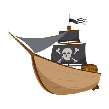 Siyah yelkenli karikatür korsan gemisi çizimi. Şirin vektör simgesi. Korsan gemisi su üzerinde ilerliyor..