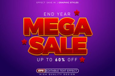 Mor arkaplanda pankart ve poster tasarımı için yıldızlarla birlikte 3D metin efekti mega satışı