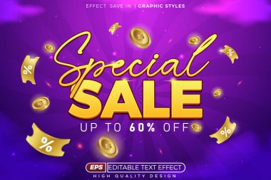 Düzenlenebilir 3d metin efekti özel satışı afiş ve poster tasarımı için altın sikke ile