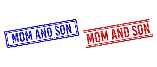Grunge Dokulu Anne ve Oğlu Çift Çizgili Mühür — Stok Vektör
