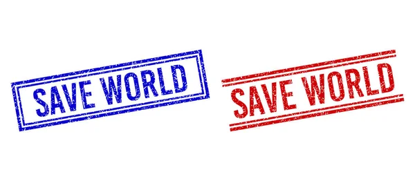 Texturierte SAVE WORLD-Stempel aus Gummi mit Doppellinien — Stockvektor