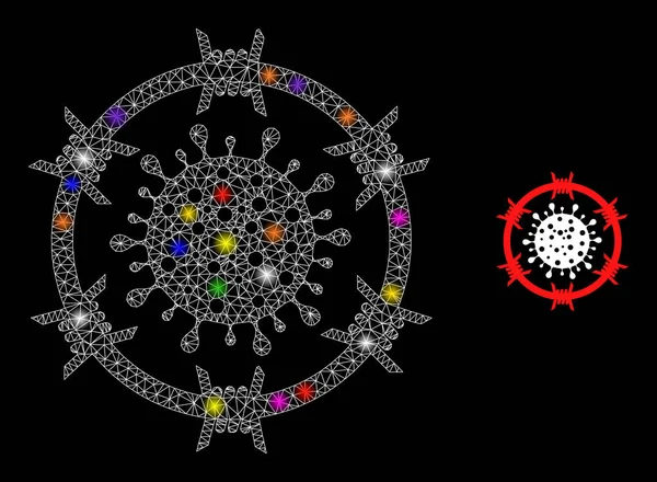 Glowing Net Barbed Coronavirus Zone Icon with Constellation Colorful Lightspots — 스톡 벡터