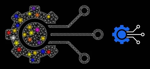 Icono de engranaje de sensor digital de malla de llamarada con puntos de luz de color deslumbrante — Archivo Imágenes Vectoriales