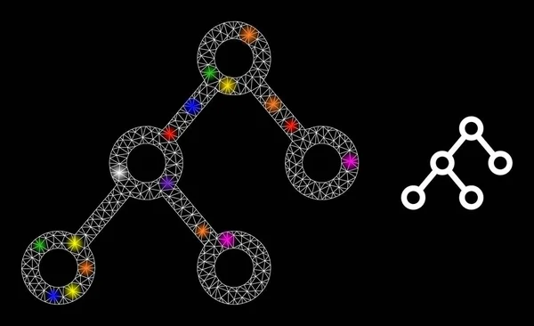 Icono de conexiones binarias de malla de llamarada con puntos de luz de colores brillantes — Vector de stock