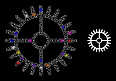 Takımyıldızı Renkli Işık Noktaları ile Ağ Saat Dişli Tekerlek Simgesini İşaret Et