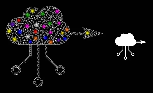 Icono de nube de VPN de red de bengalas con puntos de luz de colores brillantes — Vector de stock