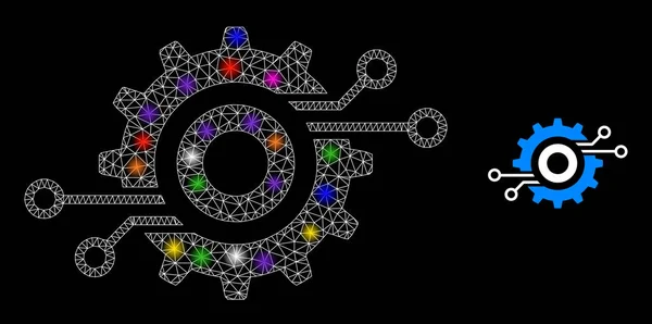 Red brillante Nanobot Icono de rueda de circuito con manchas de luz de colores Constelación — Archivo Imágenes Vectoriales