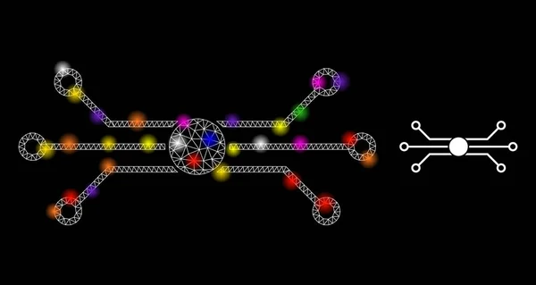 Flare Network Chip Connections Pictogram met kleurrijke lichtvlekken — Stockvector