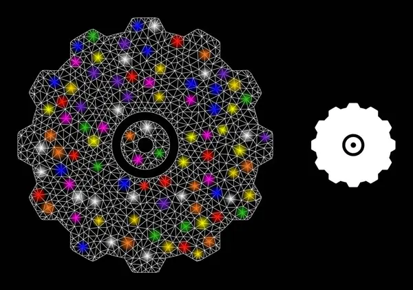 Icona con ruota dentata di rete luminosa con punti luce colorati Constellation — Vettoriale Stock