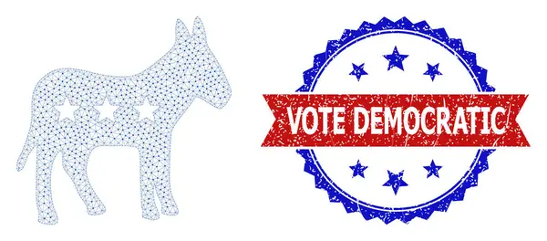 Grunge Vote démocrate ronde Rosette Bicolor Seal and Mesh Network American Donkey — Image vectorielle