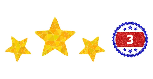 Bicolor Grunge selo com 3 estrelas taxa poligonal Lowpoly Icon — Vetor de Stock