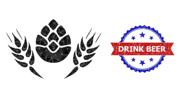 Bicolor Grunge Seal Stempel mit Barley Beer Triangle Lowpoly Icon — Stockvektor