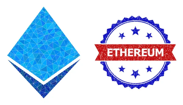 Bicolor Textured Seal Stamp with Ethereum Crystal Triangle Low-Poly Icon — стоковий вектор