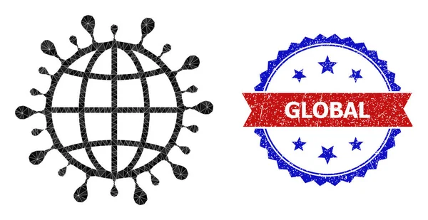 Selo de angústia bicolor com o ícone global do triângulo Lowpoly do Coronavirus — Vetor de Stock
