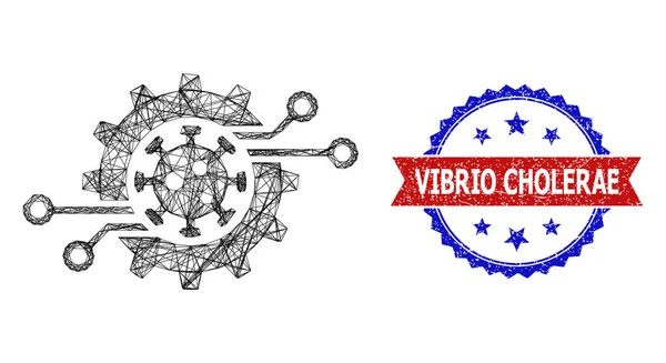 Treillis Web à engrenages électroniques à virus à chapeau et filigrane bicolore Vibrio Cholerae impur — Image vectorielle