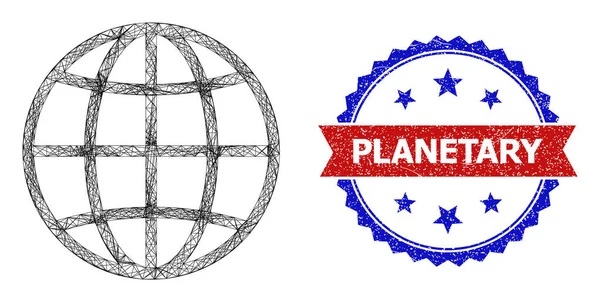 Hatched Globe Web Mesh and Grunge Bicolor Planetary Watermark — 스톡 벡터