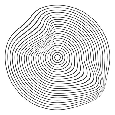 Eğri eşmerkezli daireler. Sinyal, nabız, sentetik dalga ya da ses dalgası ikonu beyaz arkaplanda izole edildi. Dinamik, hareketli ya da sıvı sembollü. Modaya uygun siber şekil. Vektör grafik illüstrasyonu.