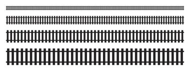 Demiryolu parçaları seti. Üst görüntüdeki düz tren yolu elementleri beyaz arkaplanda izole edildi. Demiryolu sınırı. Çit ya da merdiven dokusu. Vektör grafik illüstrasyonu.