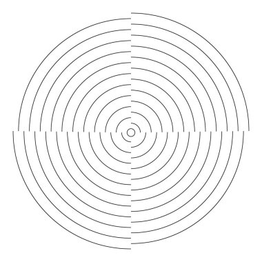 Dairesel dalgalanma işareti. Beyaz arka planda izole edilmiş, kırık çizgileri olan eş merkezli daireler. Titreşim, sinyal dalgası, ses dalgası, radar veya güneş patlaması işareti. Vektör grafik illüstrasyonu.