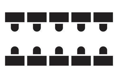 İş yerindeki oturma düzenini ya da okuldaki bilgisayar sınıfını. Ofis masaları ve sandalyeler mobilya siluetleri. İş yeri koltuklarının şematik planı. Vektör grafik illüstrasyonu.