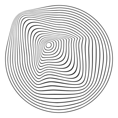 Dalgalı eşmerkezli daireler. Titreşim, ses dalgası, gürültü veya arka planda izole edilmiş bir dalga ikonu. Şok dalgası işareti. Dinamik, hareketli ya da akış sembolü. Modaya uygun siber şekil. Vektör grafik illüstrasyonu.