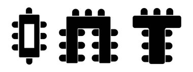 Lokantada ya da kafede yemek ya da düğün organizasyonunda koltuk düzenleme. İş ofisi ya da kabinede oturma planı. Üst Manzara. Şema masaları ve sandalyeler hazır. Vektör illüstrasyonu.