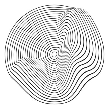 Eğri eşmerkezli daireler. Nabız, titreşim ya da dalgalanma simgesi beyaz arkaplanda izole edilmiş. Ses dalgası işareti. Dinamik, hareketli ya da akış sembolü. Moda siber fütüristik şekli. Vektör grafik illüstrasyonu.