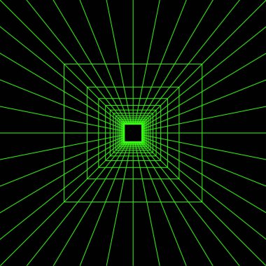 Kare portal yeşil neon kablo perspektifi siyah arkaplan üzerine. Oda, koridor ya da stüdyo şebekesi. Metaverse, sanal gerçeklik fütüristik, atari oyunu, tekno uzay. Vektör illüstrasyonu.