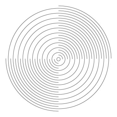 Eşmerkezli çemberler, beyaz arka planda izole edilmiş ve kesintiye uğramış hatlar. Dalgalanma, epikentrik ya da sonik dalga, şok dalgası, titreşim ya da sinyal işaretleri. Vektör grafik illüstrasyonu.