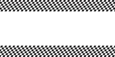 Eğimli yarış bayrağı ya da satranç tahtası baskılı üst ve alt kenarları. Ortası boş araba sporu arka planı. Siyah beyaz kareli desenli. Vektör grafik illüstrasyonu.