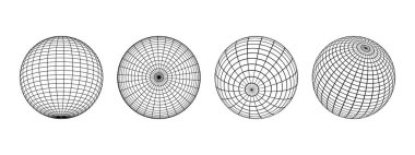Beyaz zemin üzerinde farklı pozisyonlarda olan bir dizi dünya teli. Küre modelleri, küresel şekiller, birleştirilmiş toplar. Dünya küresi enlem ve boylam çizgileri ile şekilleniyor. Vektör grafik illüstrasyonu.