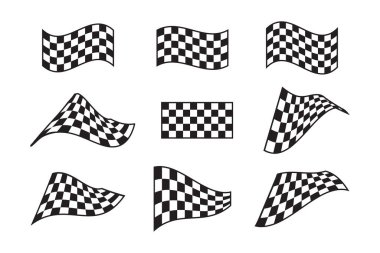 Damalı siyah beyaz desenli sopasız dalgalı rali bayrakları. Spor araba yarışmalarında başlama ya da bitiş sinyalleri. Ralli, karting ya da motokros aksesuarı. Vektör grafik illüstrasyonu.