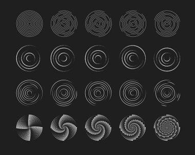 Siyah arkaplanda beyaz dairesel dalgalanma ya da girdap sembolleri. Kırık çizgileri olan eş merkezli daireler. Santrifüj, girdap, sonar ya da ses dalgası, güneş patlaması ya da sinyal işaretleri. Vektör illüstrasyonu.