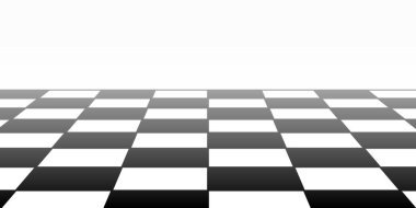 Perspektif olarak solmuş satranç tahtası düzlemi. Kareli döşeme, kaybolma efektiyle açılı bir bakış açısı. Siyah beyaz dama tahtası dokusu. Satranç sahası. Vektör grafik illüstrasyonu.