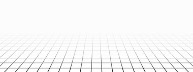 Perspektif ızgarası sonsuzluğa doğru kayboluyor. Soluk fayans döşeme dokusu. Kareli düzlem deseni. Kare sanal gerçeklik yüzeyi. Geometrik tasarım. Örgü arka plan. Vektör grafik ilüstrasyonu.