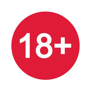 On sekiz artı çıkartma. Kırmızı çemberdeki 18 numara beyaz arkaplanda izole edilmiş. Yaş sansür işareti. Film izleme, web sitesi ziyareti, sadece yetişkinler veya alkol limiti etiketi. Vektör düz resimleme.