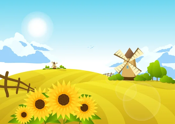 Сельский пейзаж. Иллюстрация с полями и ветряными мельницами — стоковый вектор