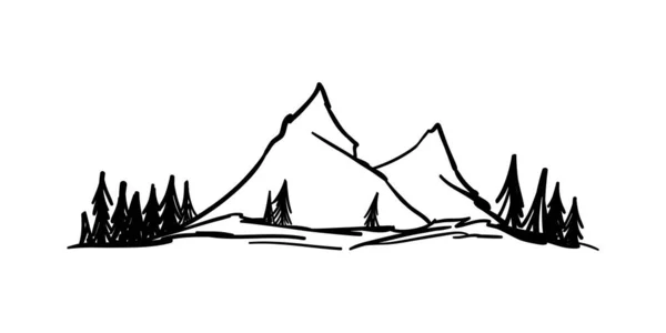Vector Hand Menggambar Sketsa Pegunungan Puncak Dengan Hutan Pinus Pada - Stok Vektor