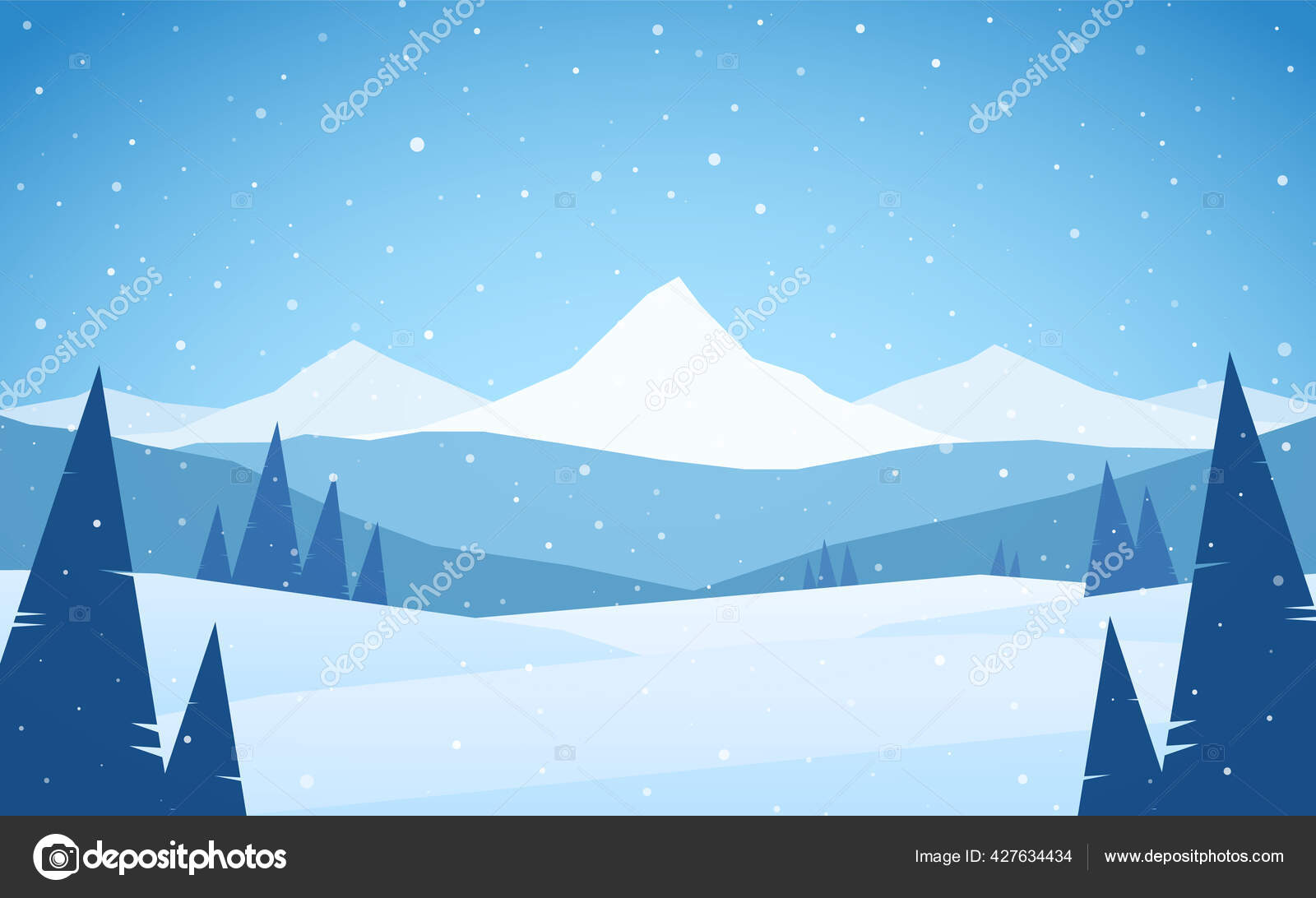 Cartoon Winter snowy Mountains landscape with hills and pines. Stock Vector  Image by ©.com #427634434