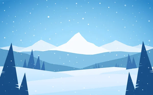 Cartoon Winter snowy Mountains landscape with hills and pines. — Stock Vector