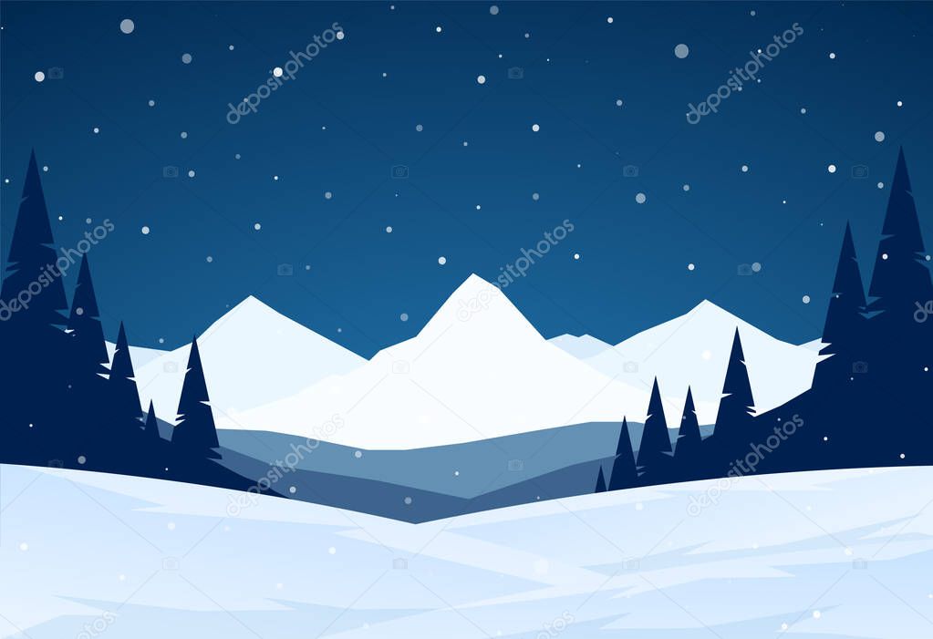 Night Winter snowy Mountains landscape with hills and pines.