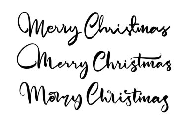 Beyaz arka planda Mutlu Noeller el yazısıyla yazılmış üç yazı seti..