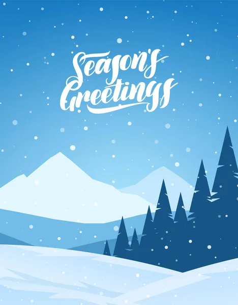 Paysage enneigé vertical d'hiver bleu avec lettrage des salutations saisonnières. Joyeux Noël et bonne année. — Image vectorielle