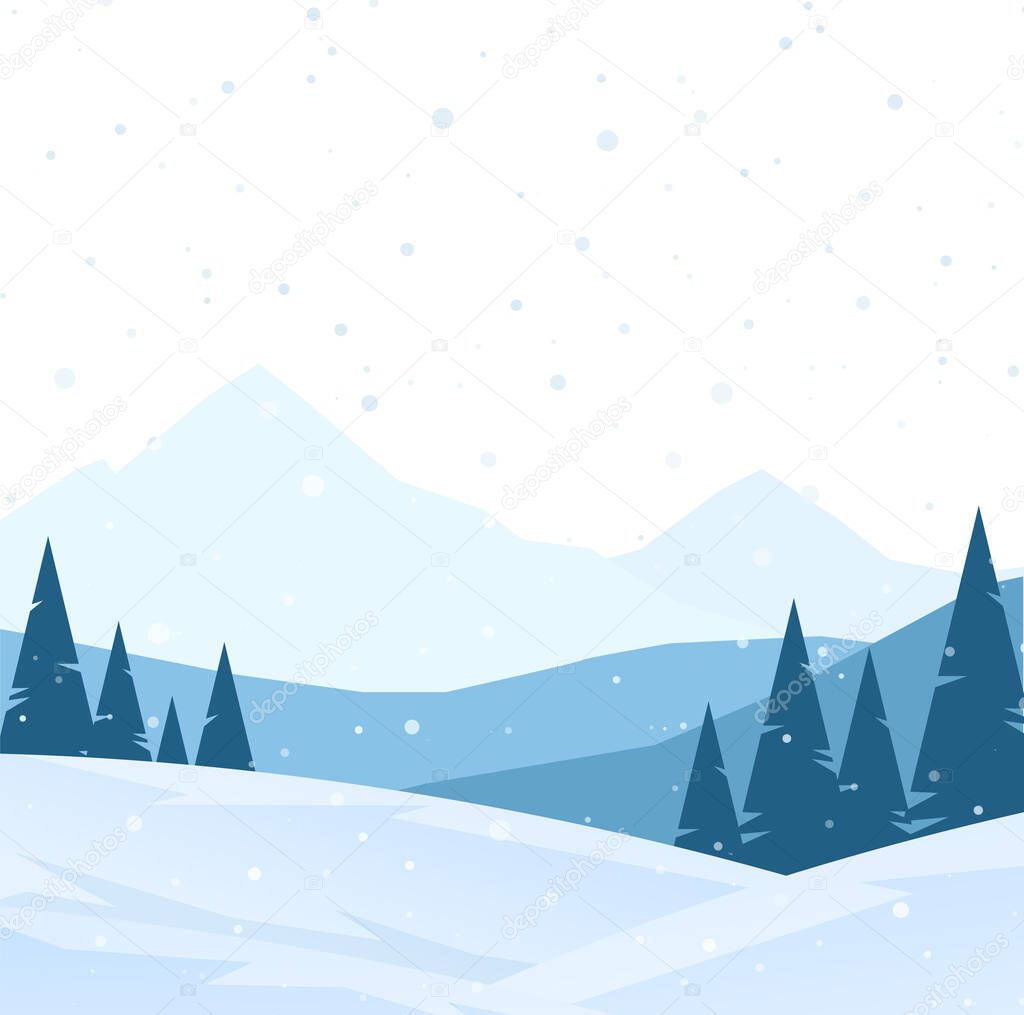 Vector illustration: White Winter Mountains landscape with pines and hills.