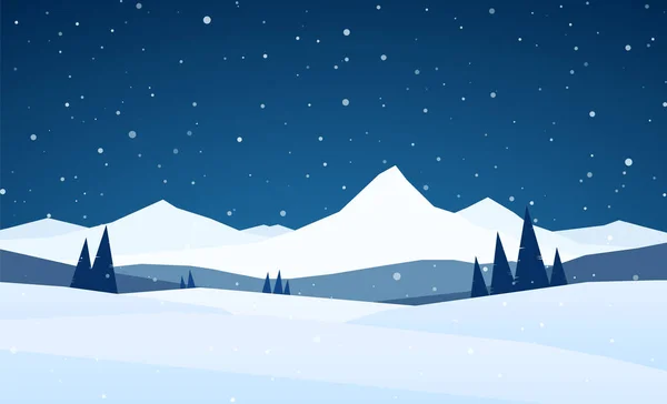 Dessin animé nuit Hiver Montagnes paysage avec pins et collines. — Image vectorielle